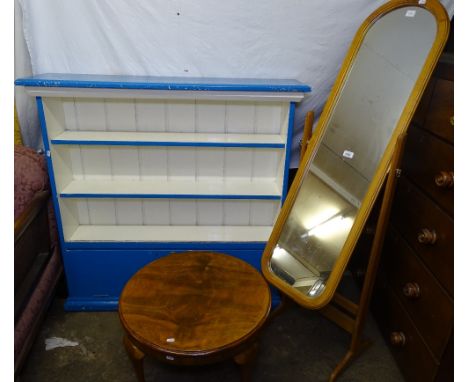 A cheval mirror, painted shelves, and a walnut coffee table (3)