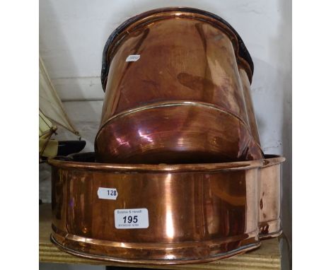 A copper wall-mounted water fountain and basin, and a copper preserve pan