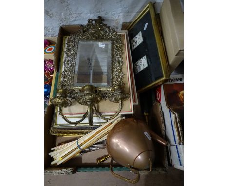 A copper kettle, a brass girondelle mirror, pictures etc