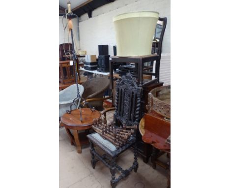 A Georgian chair, a 1930s armchair, a bookcase, a wrought-iron standard lamp etc (8)