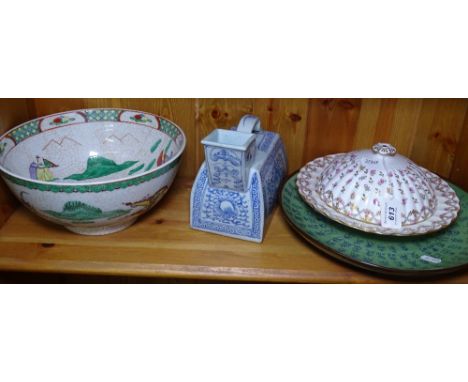 A Spode muffin dish, an Oriental fruit bowl, a plate etc