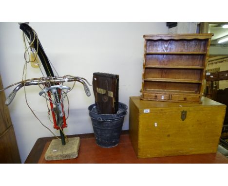 A small pine trunk, 2 buckets, a table harp, an unusual bicycle design lamp etc (60