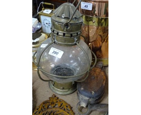 A brass hanging lantern, and an Antique ship's block