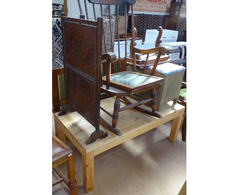 A rectangular pine coffee table, a rocking chair, a swing mirror, a cake stand etc