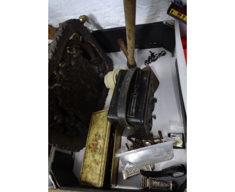 An Oriental carved plaque, a cruet, an Avometer, a pickaxe,, an axe etc
