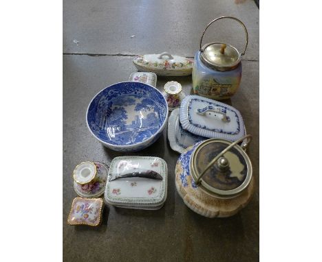 Two biscuit barrels, a cheese dish, a Spode Italian bowl, a/f, and other decorative china
