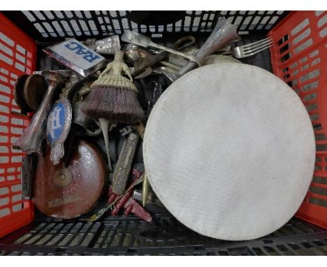 Two RAC car badges, flatware, a Chesterman measuring tape, a continental tea caddy spoon, plated ware, a sailor's hat, etc.
