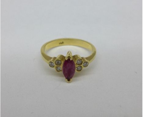 An 18ct gold, ruby and diamond ring, 4g, P