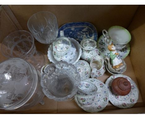 A small tea service, two Royal Albert cups and saucers, a Beswick Beatrix Potter figure, Ginger, a cruet, five items of glass