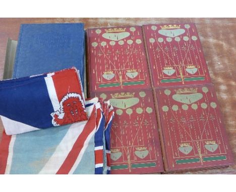 Four volumes, The Life of Queen Victoria with Art Nouveau covers and one 1934 volume, World in Pictures and two flags includi