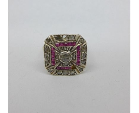 An Art Deco old cut diamond and ruby set ring, 5.5g, M, a/f