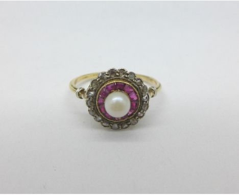 A yellow metal, pearl, old cut diamond and ruby ring, 1.9g, N, later added pearl