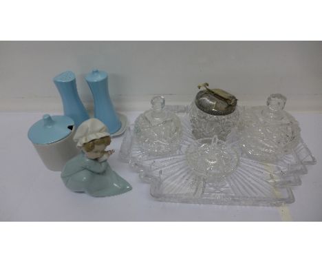 Poole pottery, a Lladro figure and a 1930's glass dressing table set