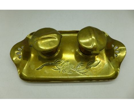 A German brass trench art double ink well, a/f
