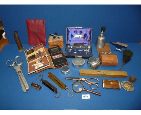 A quantity of miscellanea including Auriscope, a spirit level, a miniature anvil, pinking shears, a brass fuel can spout, a g