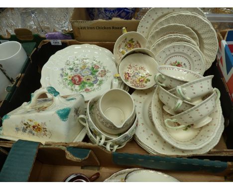A box of china to include various plates and coupes; Royal Doulton "Malvern" 6 plates and 2 dessert plates, Royal Doulton "Wa