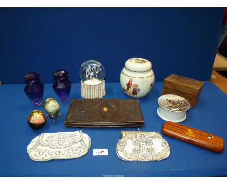 A quantity of miscellanea including Prattware pot, beaded purses, snow globe, Yardley ginger jar, etc.
