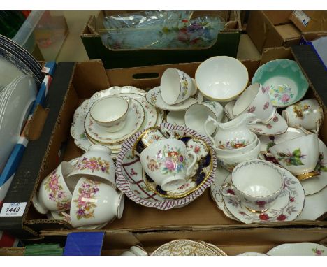 A box of various china including cups and matching saucers, "Royal Dove" lily of the valley, "Paragon" Fascination, "Coalport
