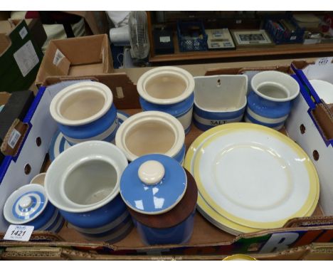A quantity of Cornish Ware china including T.G Green salt box (no lid), storage jars. plates etc, some crazed and faded, a/f.