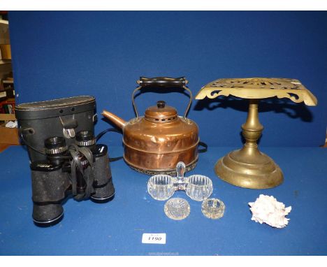 A quantity of miscellanea to include copper kettle, Hanimex 8 x 40 binoculars, glass salts, etc.