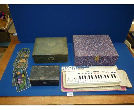 A quantity of miscellanea including two leather jewellery boxes, sewing box, boxed Casio PT-20 Electronic musical instrument 