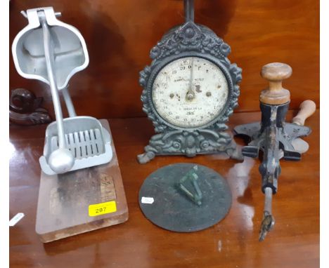 A late 19th century Follows &amp; Bate Ltd magic marmalade cutter, vintage scales, a small sundial and other items together w