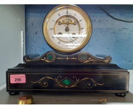 A Victorian 8 day slate mantel clock with a visible Brocco escapement with pendulumLocation: 
