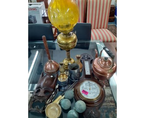 Mixed wooden and metal items together with collectables to include a barometer. Location:RAM 