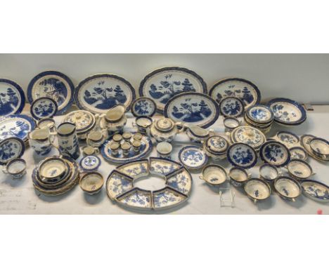 A Booths dinner a tea service in the blue and white, Real Old Willow Pattern to include tureen, sauce boats, tea pot, milk ju