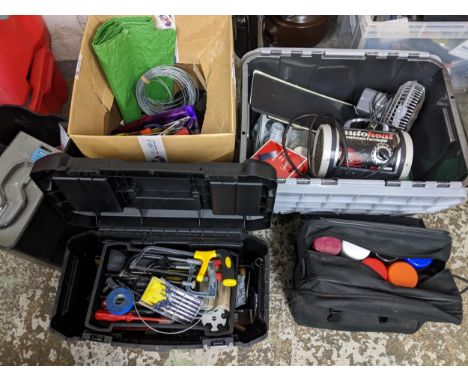 Mixed tools to include a tool box with contents, car cleaning items, a greenhouse fan heater and a household fan. Location:G 