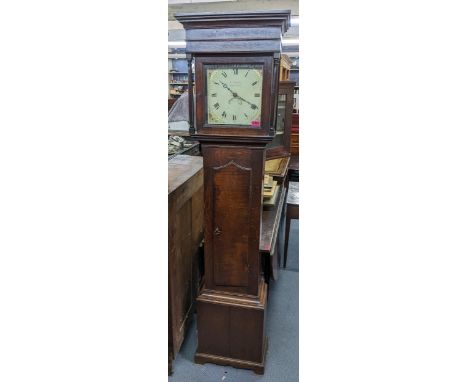 A Georgian oak 30hr longcase clock with painted dial, moulded cornice with pendulum and weights, 198cmHigh. Location:LAM 