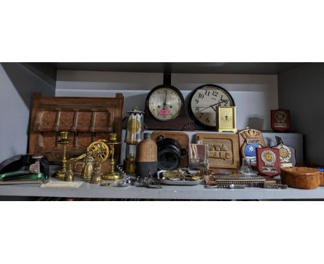 A mixed lot to include a Straight Flight J.R compass mounted on a wooden plaque, an Eccles miners lamp, an oak cased mantle c
