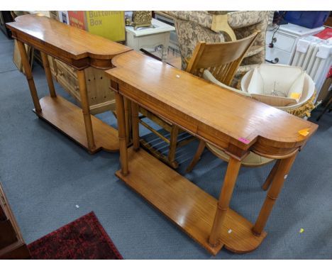 A Pair of reproduction Biedermaster style satinwood console tables having string inlaid and turned columns with shelf below, 