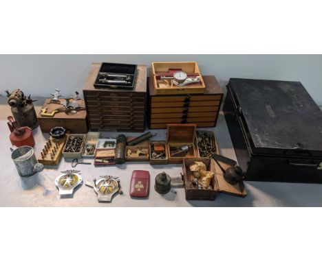 A mixed lot of mainly watch makers tools together with vintage AA badges, oil cans, vintage tools chest and other itemsLocati