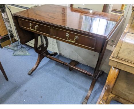 A reproduction mahogany sofa table together with a 2 door bookcase and an oak 2 door cabinet, an apple tray and other items. 