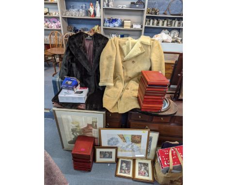 A large mixed lot to include a vintage Lister Manquilla black fax fur coat, a group of stackable coin collectors trays, along