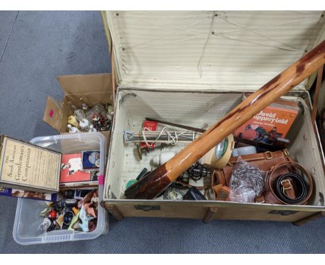 A mixed lot to include books, wooden T-square, digeridoo, an anglepoise style bench lamp and magnifier, ornaments to include 