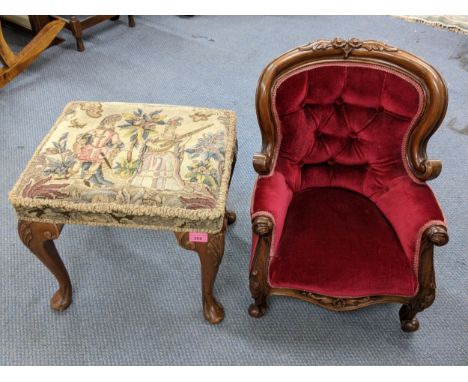 A mid 20th century Victorian style child's/dolls chair together with a 1920's walnut tapestry topped stoolLocation: 