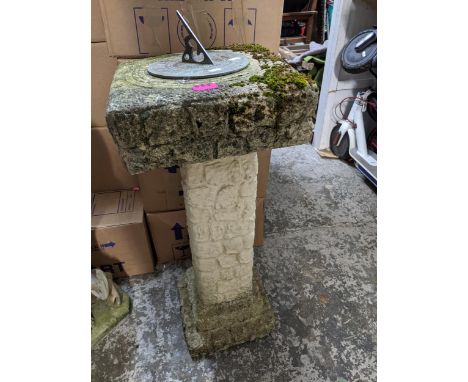 A weathered and composition garden sundial on column pedestal and stepped base. Location:G 