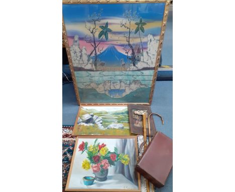 Pictures to include two oils, a painted walking stick and a cane stick, and a Batik framed panel, and a small vintage leather