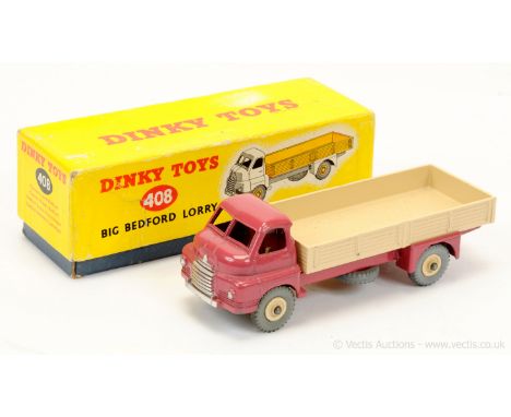 Dinky 408 Big Bedford Lorry RARE ISSUE finished in pink cab &amp; chassis, cream back &amp; Supertoy hubs with grey treaded t