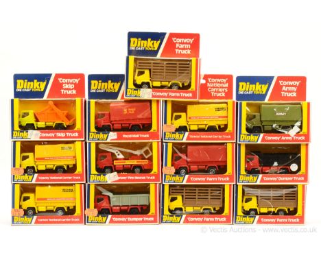 Dinky - a group of later issue Convoy Series to include 380 Skip Truck; 3 x 381 Farm Truck; 2 x 382 Dumper Truck (grey and bl
