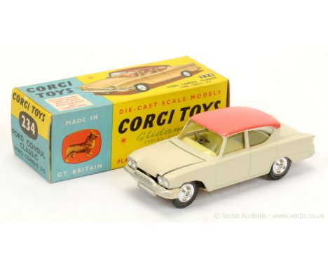 Corgi 234 Ford Consul Classic - cream body, salmon-pink roof, lemon interior, silver trim, spun hubs - Excellent (does have s