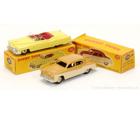 Dinky 131 Cadillac Tourer - pale yellow, cerise interior with figure driver, silver trim, cream ridged hubs with smooth tyres