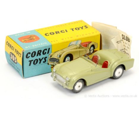 Corgi 305 Triumph TR3 Sports Car - metallic green, red seats, silver trim, flat spun hubs - Near Mint (couple of very minor m