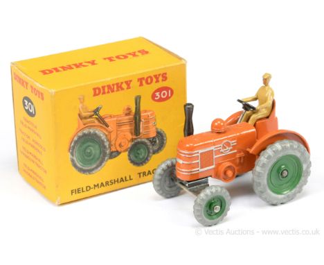 Dinky 301 Field Marshall Tractor - orange, green metal wheels, black metal steering wheel, chimney stack and tow hook, light 