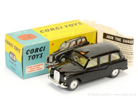 Corgi 418 Austin "Taxi" - black body, lemon interior, silver trim, flat spun hubs - Excellent Plus - lovely bright example in