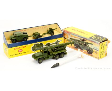 Dinky Military 665 Honest John Missile Launcher - green including plastic platform and hubs, with white and black missile - F