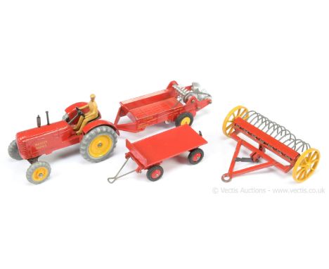 Dinky unboxed Farm group to include 27ak Set to include Massey Harris Tractor with Hay Rake - red, yellow including metal whe