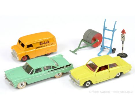 Dinky Group to include; Ford Cortina; Dodge Royal Sedan; Bedford "Kodak"; Trolley; Road Sign &amp; Roller - conditions are ge